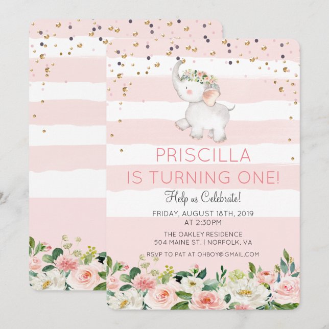 Invitation d'anniversaire fille éléphant - TOUS ÂG (Devant / Derrière)
