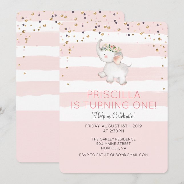 Invitation d'anniversaire fille éléphant - TOUS ÂG (Devant / Derrière)