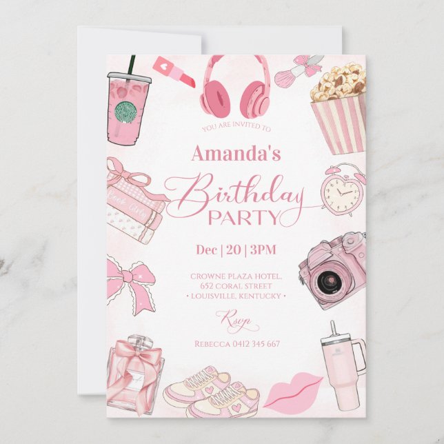 Invitation d'anniversaire fille esthétique rose (Devant)