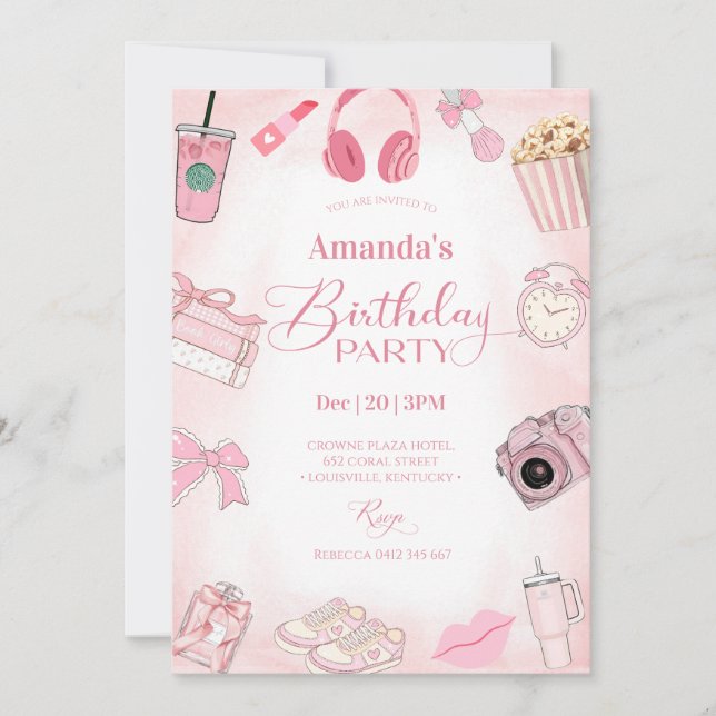 Invitation d'anniversaire fille esthétique rose (Devant)
