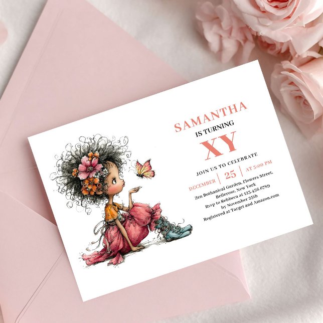Invitation d'anniversaire Fille Fée Fantaisiste Fl (Whimsical Fairy Girl Birthday Pink Floral invitation)