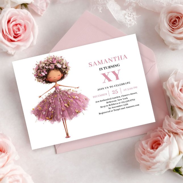Invitation d'anniversaire Fille Fée Mignonne Fleur (Cute Fairy Girl Birthday Pink Floral invitation)