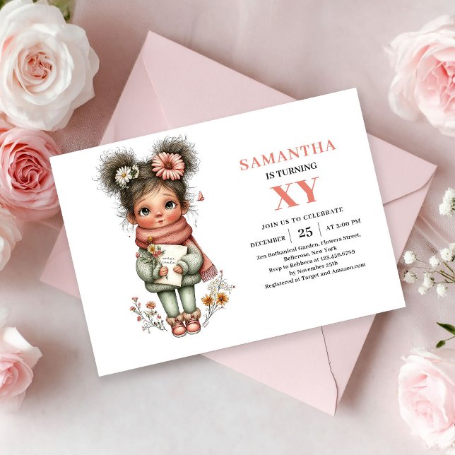 Invitation d'anniversaire Fille Fée Mignonne Flora (Cute Fairy Girl Birthday Floral Pink Pastel invitation)