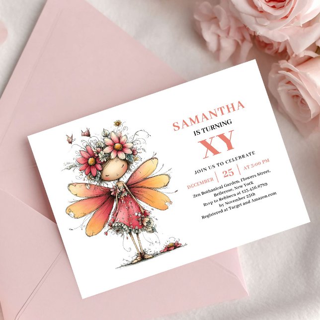 Invitation d'anniversaire Fille Fée Vibrante Fleur (Vibrant Fairy Girl Birthday Pink Floral invitation)