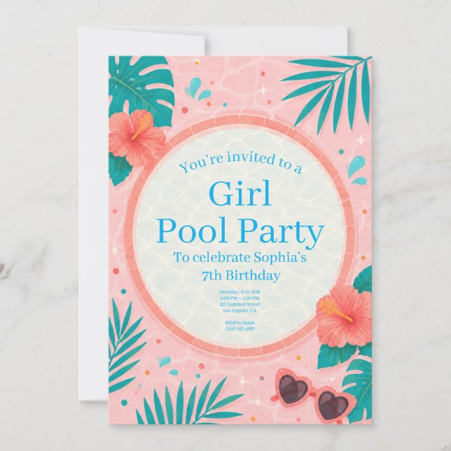 Invitation d'anniversaire Fille Fête Piscine (Devant)