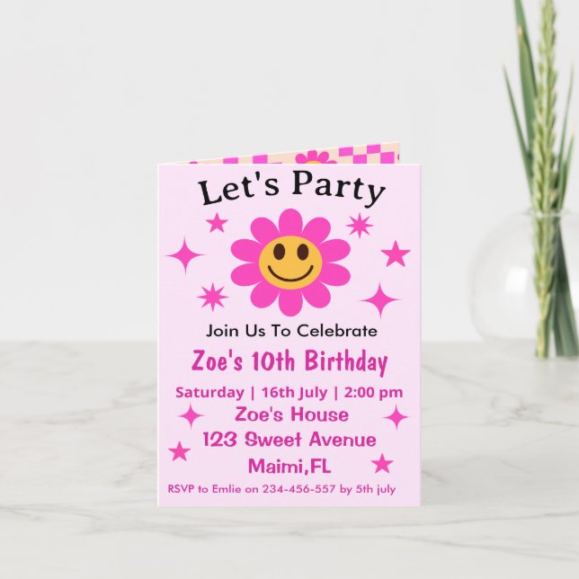 Invitation d'anniversaire Fille Fleur à Carreaux R (Devant)