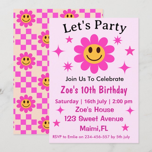Invitation d'anniversaire Fille Fleur à Carreaux R (Devant / Derrière)
