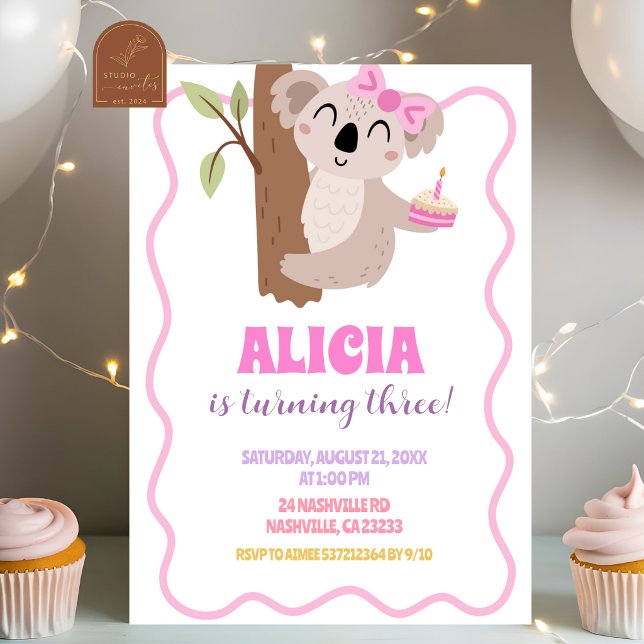 Invitation d'anniversaire fille koala avec un joli (Créateur téléchargé)