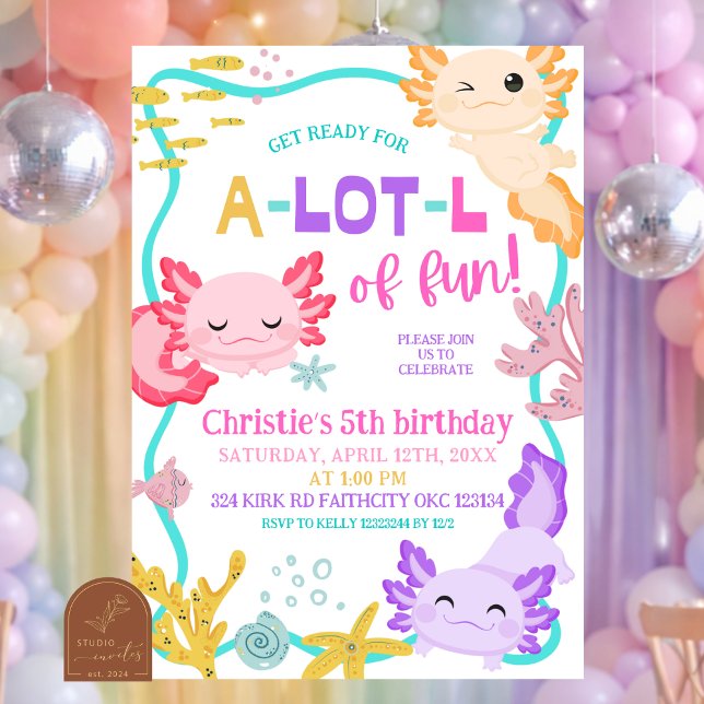 Invitation d'anniversaire fille pastel rose Axolot (Créateur téléchargé)
