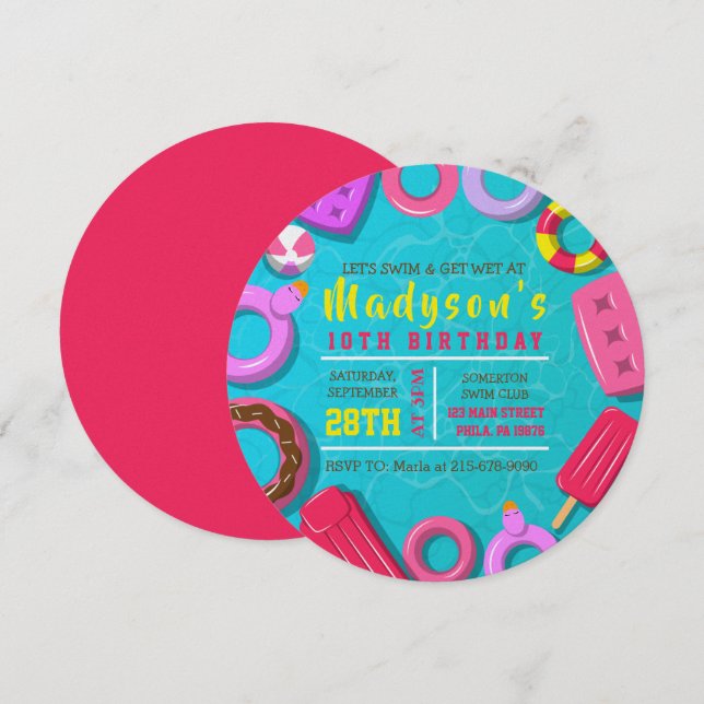 Invitation d'anniversaire FILLE PISCINE FLOTTEURS (Devant / Derrière)