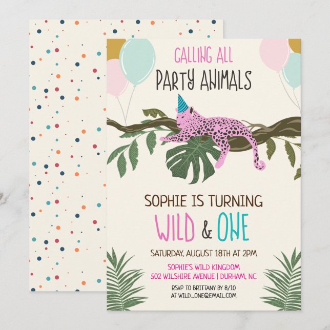 Invitation d'anniversaire fille pour un zoo jungle (Devant / Derrière)