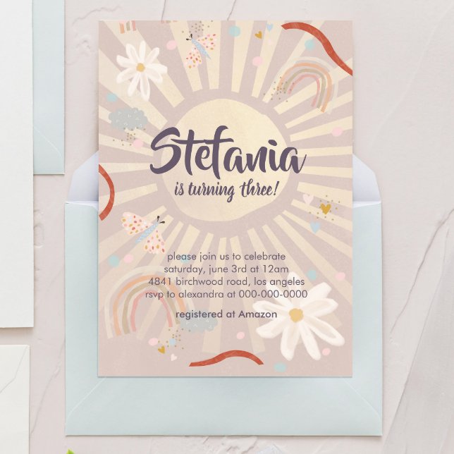 Invitation d'anniversaire fille rose pastel soleil (Créateur téléchargé)