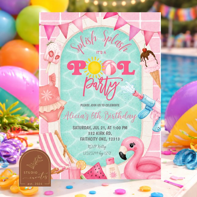 Invitation d'anniversaire Fille Rose Piscine fête (Créateur téléchargé)