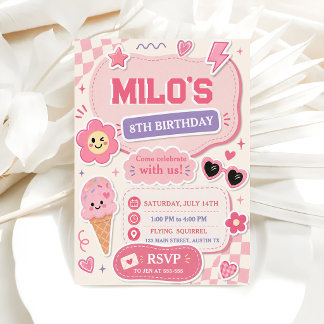 Invitation d'anniversaire Fille Rose Rétro 