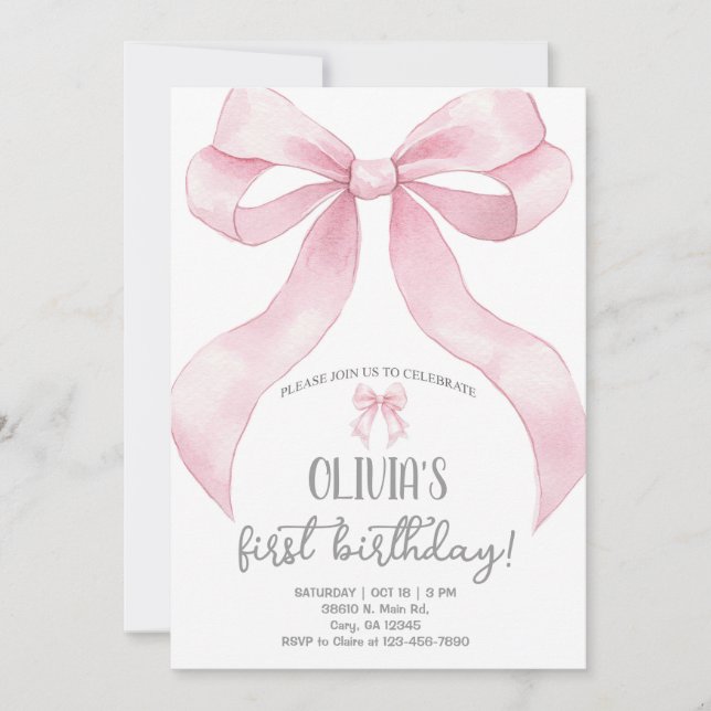 Invitation d'anniversaire fille ruban coquette ros (Devant)