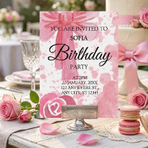 Invitation d'anniversaire Fille Ruban Rose