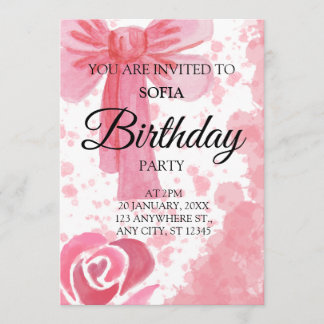Invitation d'anniversaire Fille Ruban Rose