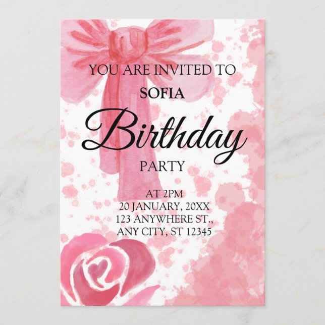 Invitation d'anniversaire Fille Ruban Rose (Devant)