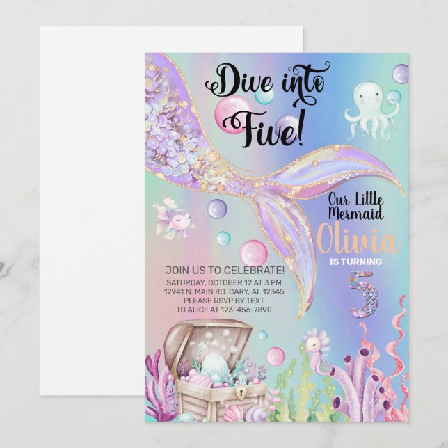 Invitation d'anniversaire fille sirène aquarelle e (Devant / Derrière)
