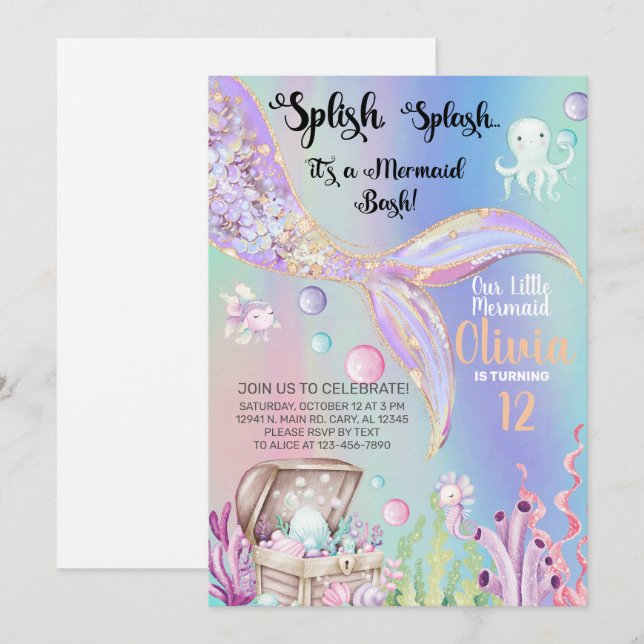Invitation d'anniversaire fille sirène aquarelle e (Devant / Derrière)