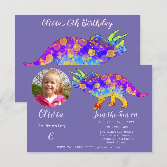 Invitation d'anniversaire fille Triceratops Dinosa (Devant / Derrière)