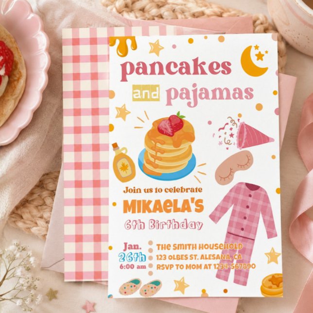 Invitation d'anniversaire Filles Crêpes et Pyjamas (Girls Sleepoverm Breakfast Party Pancakes and and Pajamas Invitation)