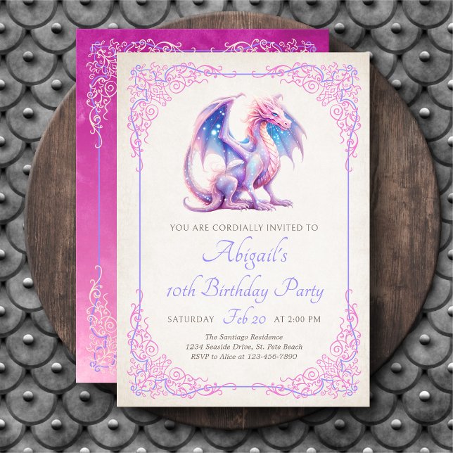 Invitation d'anniversaire Filles Dragon Rose Viole (Créateur téléchargé)