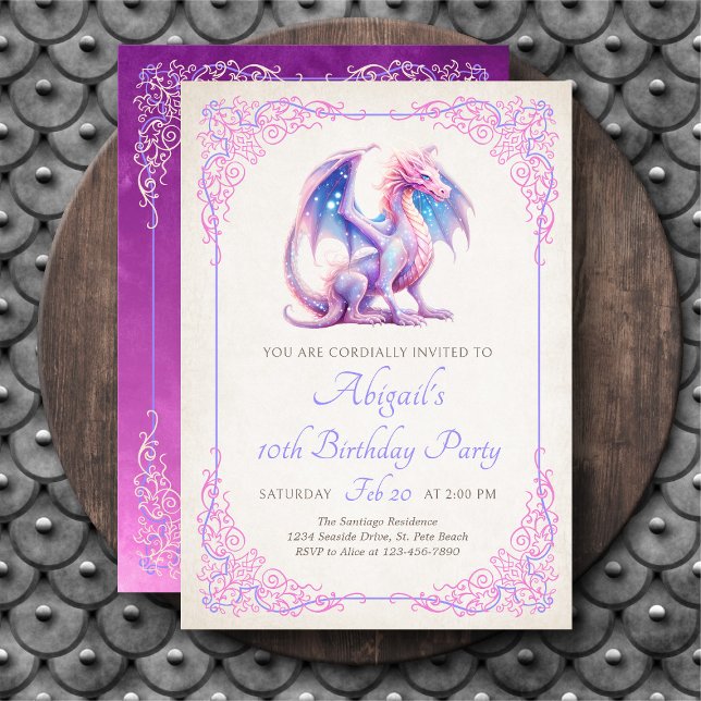 Invitation d'anniversaire Filles Dragon Rose Viole (Créateur téléchargé)