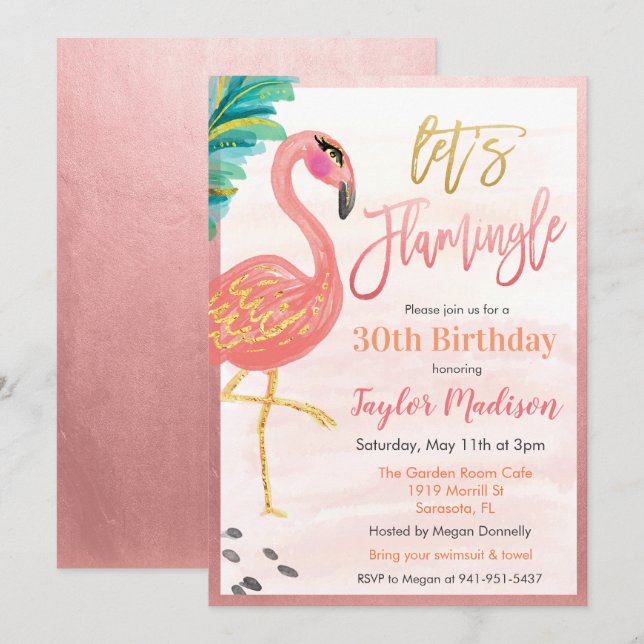 Invitation d'anniversaire flamant rose aquarelle T (Devant / Derrière)