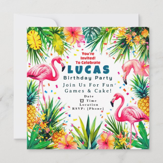 Invitation d'anniversaire Flamant Rose – Enfants P (Devant)