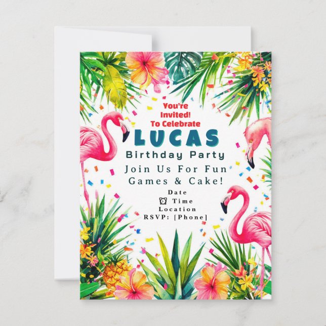 Invitation d'anniversaire Flamant Rose – Enfants P (Devant)