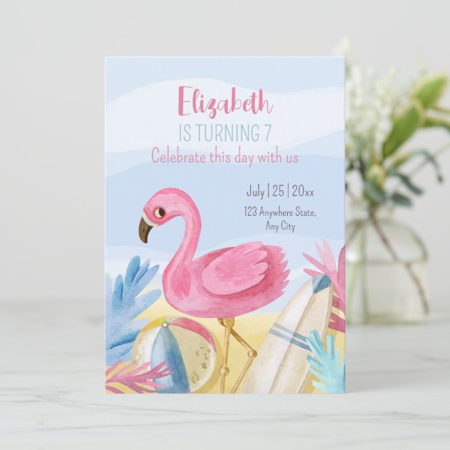 Invitation d'anniversaire Flamant Rose, Invitation (Debout devant)