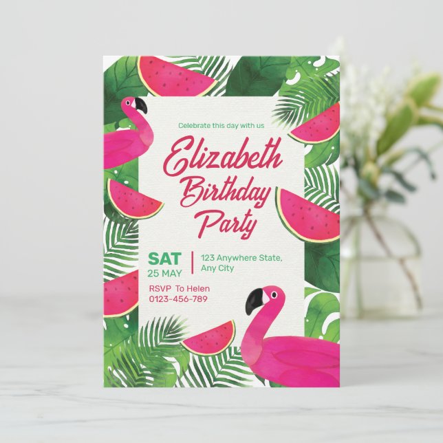 Invitation d'anniversaire Flamant Rose, Invitation (Debout devant)