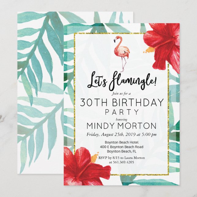 Invitation d'anniversaire Flamingle pour tout âge (Devant / Derrière)
