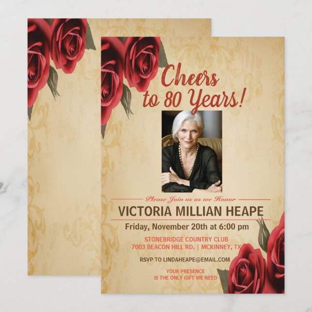 Invitation d'anniversaire Fleur de Rose Vintage -  (Devant / Derrière)