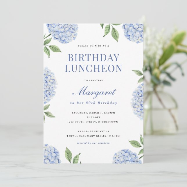 Invitation d'anniversaire, Fleur d'hortensia bleu  (Debout devant)