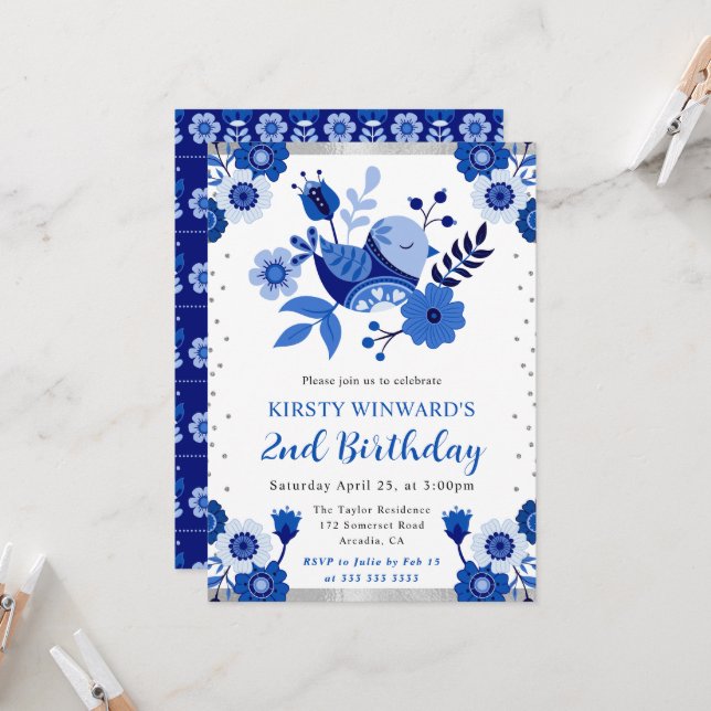 Invitation d'anniversaire Fleur d'oiseau en porcel (Devant/Arrière en situation)