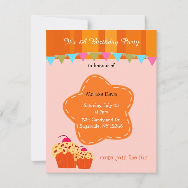 Invitation d'anniversaire Fleur Orange et Gâteau (Devant)