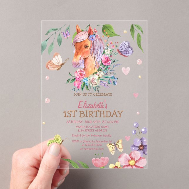 Invitation d'anniversaire Fleur Papillon Poney Ray (In situ (ordinateur de poche))