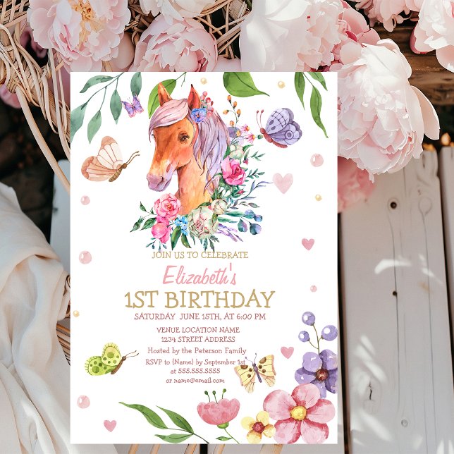 Invitation d'anniversaire Fleur Papillon Poney Ray (Créateur téléchargé)