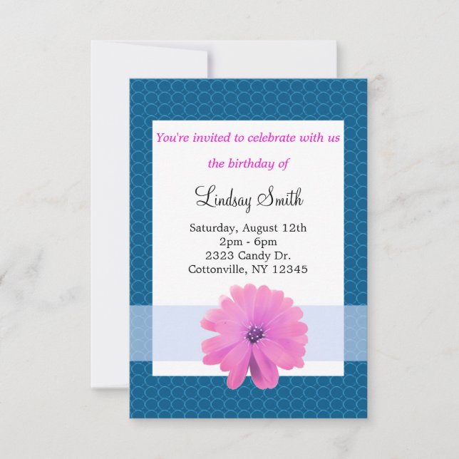 Invitation d'anniversaire Fleur Rose Ruban Bleu (Devant)