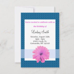 Invitation d'anniversaire Fleur Rose Ruban Bleu
