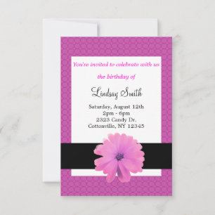 Invitation d'anniversaire Fleur Rose Ruban Noir