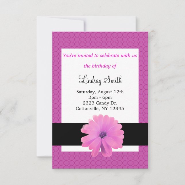 Invitation d'anniversaire Fleur Rose Ruban Noir (Devant)