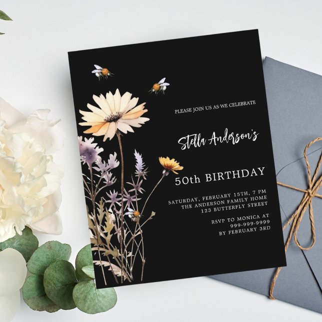 Invitation d'anniversaire fleur sauvage noir jaune (Créateur téléchargé)