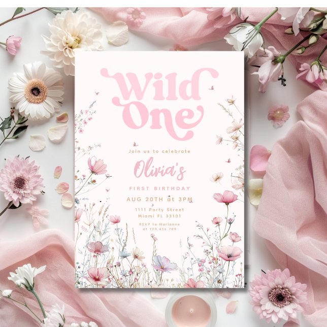 Invitation d'anniversaire fleur sauvage | Rose Wil (Wildflower Birthday Invitation | Pink Wild One)