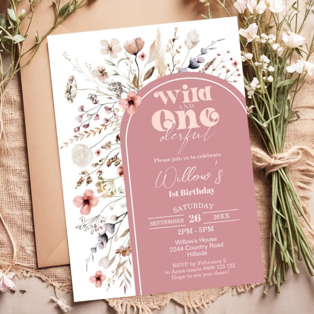 Invitation d'anniversaire fleur sauvage sauvage et (Wildflower Wild and Onederful 1st Birthday Invitation - Girl 1st Birthday Invite)