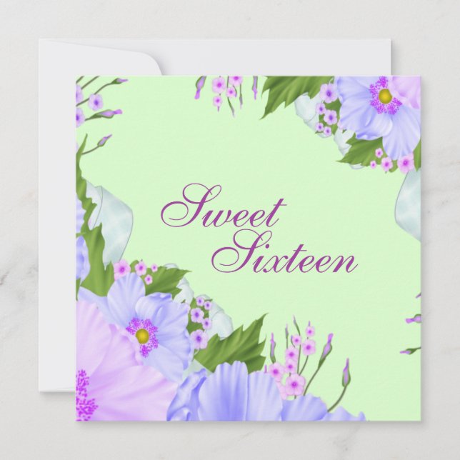 Invitation d'anniversaire Fleur Verte Violette & B (Devant)