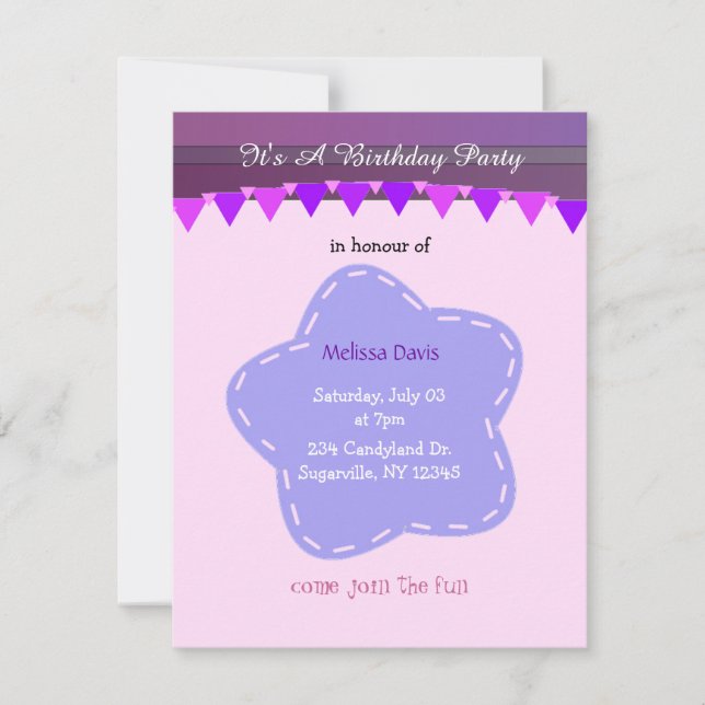 Invitation d'anniversaire Fleur Violette et Rayure (Devant)
