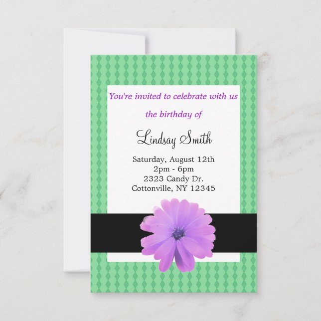 Invitation d'anniversaire Fleur Violette Ruban Noi (Devant)